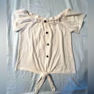 Karlie, Medium, off shoulder white tricot knit shirt